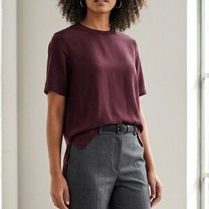 Theory Burgundy 100% Silk Button Back Short Sleeve Blouse Top Wine Red Small